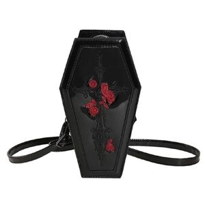 Black Coffin Crossbody Bag with Red Embroidery